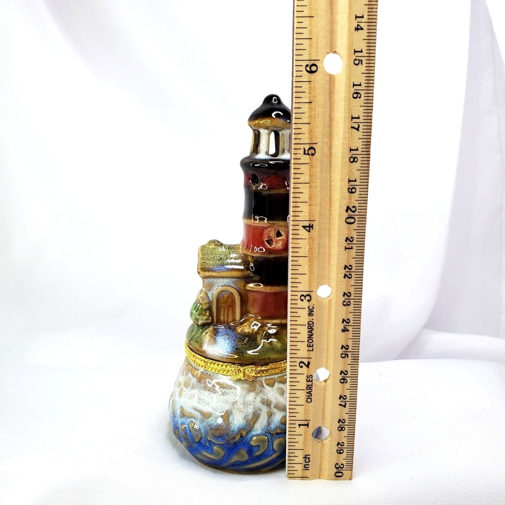 Lighthouse Trinket Box Hand-Painted Gold Butterfly Clasp 5.75" Tall Coastal - Picture 2 of 9